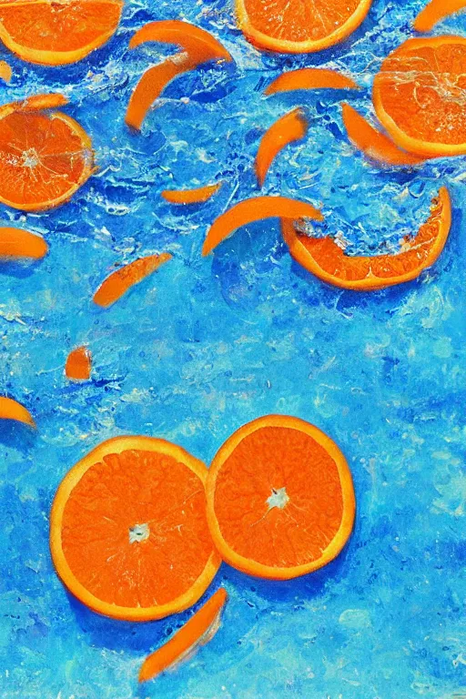 Image similar to a art work of summer ,water,wave , orange and orange slices,blue theme and Yellow accents,Colour composition by Kenya Hara