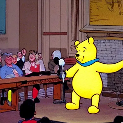 Prompt: Winnie the Pooh addressing the public