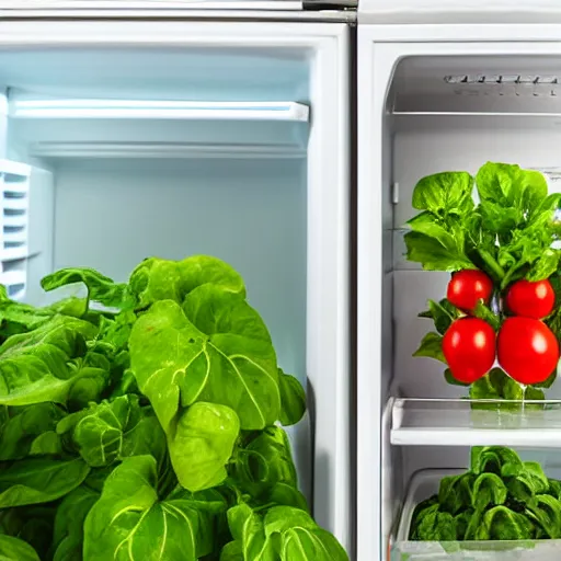Prompt: an opened fridge filled with overgrown vegetable plants, photorealistic image, cinematic phtograph