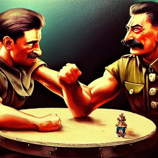 Image similar to picture of ( ( arm wrestling between young vladimit putin and old iosif stalin ) ) in apocalyptic russia, hyperrealistic, digital concept art,, caricature illustration, art by gaston bussiere