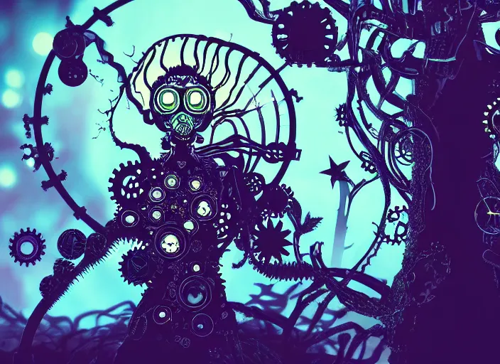 Image similar to silhouette of an intricate mechanical fairy with visible gears having tea with a cyborg winged horned demon medusa in a magical forest. Very detailed 8k. Fantasy cyberpunk horror. Sharp. Cinematic post-processing