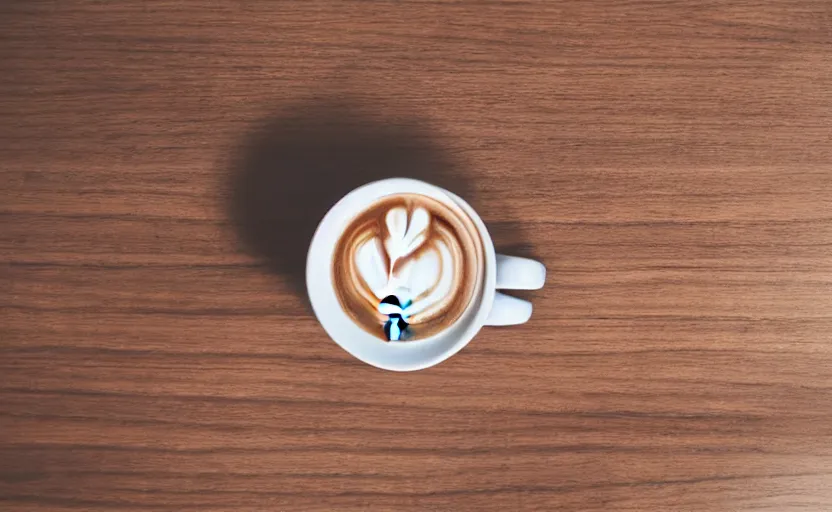 Image similar to top view of a wooden table with a cup of coffee, natural light, cinematic lighting, 8 k