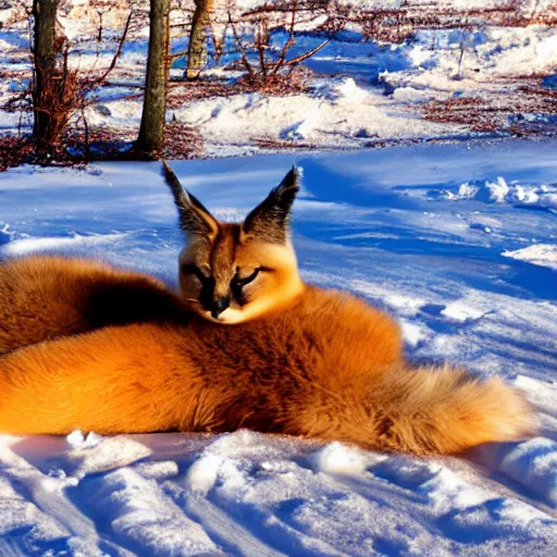 Prompt: photo still of drunk sleepy fat chubby caracal, lying on ice, big stomach, fullbody, sunny winter day