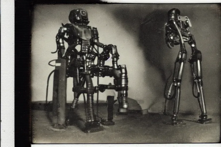 Image similar to dark old polaroid of an german scientist who created a terminator exoskeleton, world war 2