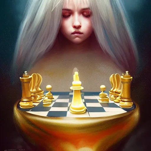 Image similar to beautiful young rimuru tempest playing chess, with amber eyes of golden colored eyes, straight hair, sky blue hair, long bangs, high collar, concept art, award winning photography, digital painting, cinematic, wlop, 8 k, by ross tran, tom bagshaw, andy warhol