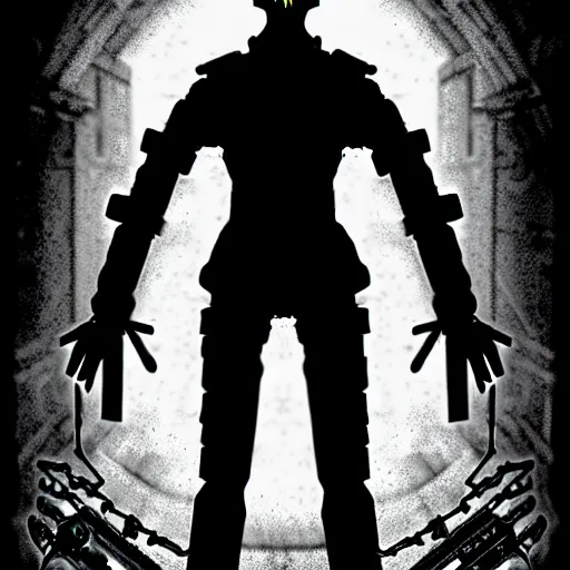 Image similar to full-body dark creepy gothic digital illustration realism a decapitated soldier with futuristic elements. he welcomes you under with no head, empty helmet inside is occult mystical symbolism headless full-length view. standing on ancient altar eldritch energies lighting forming around disturbing frightening intricate, award winning digital illustration hyper realism, 8k, depth of field, 3D