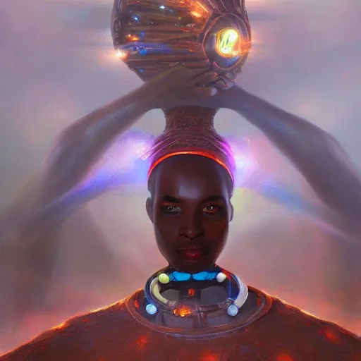 Image similar to afrofuturistic techno - mage uploading ancestral knowledge to the uni - mind interface, dark fantasy, occult, high - quality, surrealist oil painting, artstation