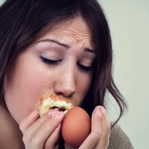 Image similar to a woman eating the last egg while looking sad, realistic photo,