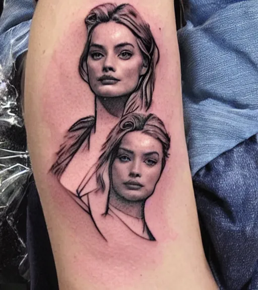 Image similar to creative double exposure effect tattoo design sketch of margot and beautiful mountains and nature, margot robbie, mountain scenery, realism tattoo, in the style of matteo pasqualin, amazing detail, sharp