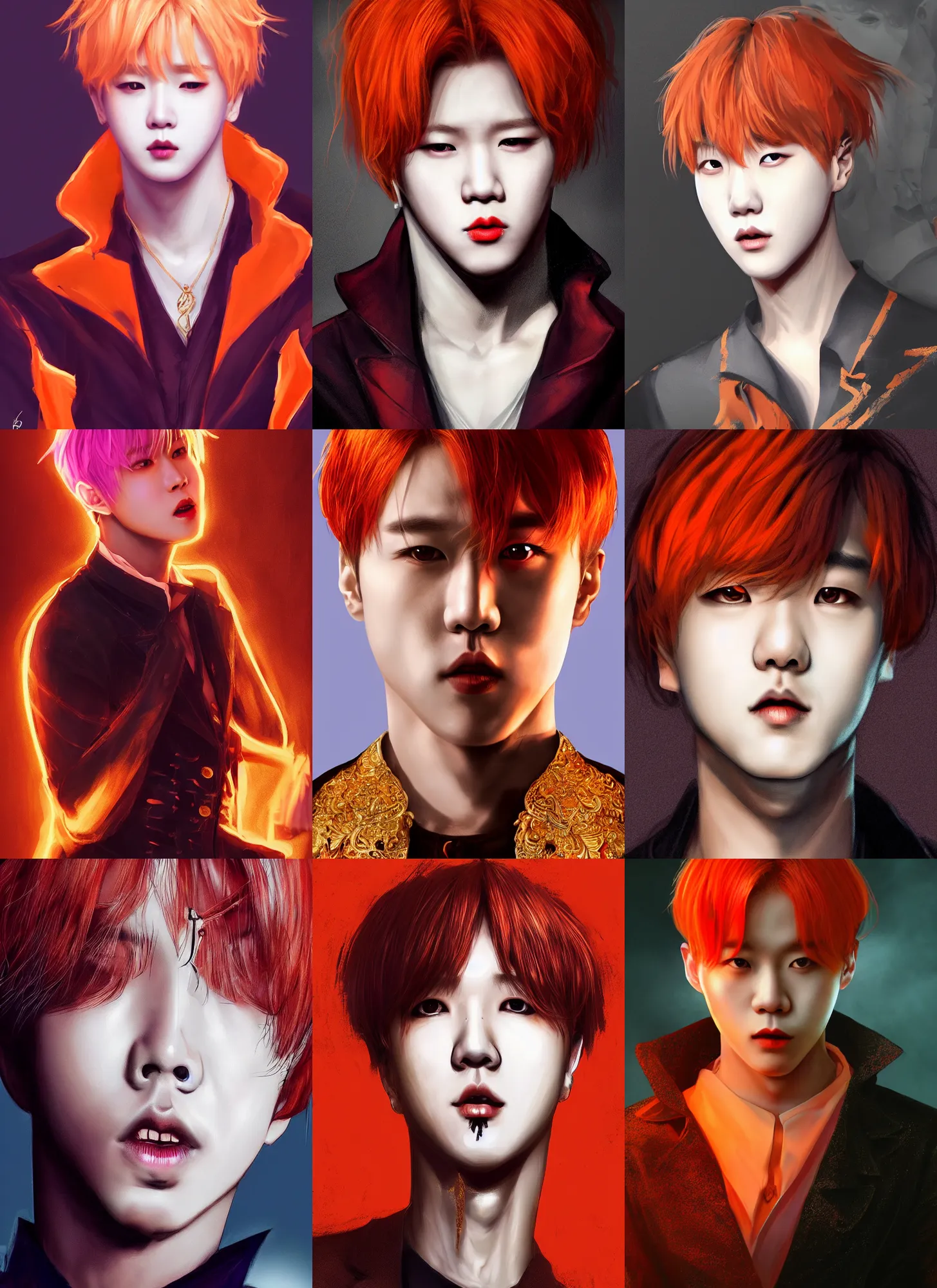 Image similar to park jimin as a vampire. wearing intricate styled outfit, semi realism, anime realism, symmetrical face, slim face, appealing, photorealism, uhd, amazing depth, glowing, golden ratio, sakimichan, greg rutowski, volumetric lighting, cinematic lighting, red orange lighting, artstation concept art