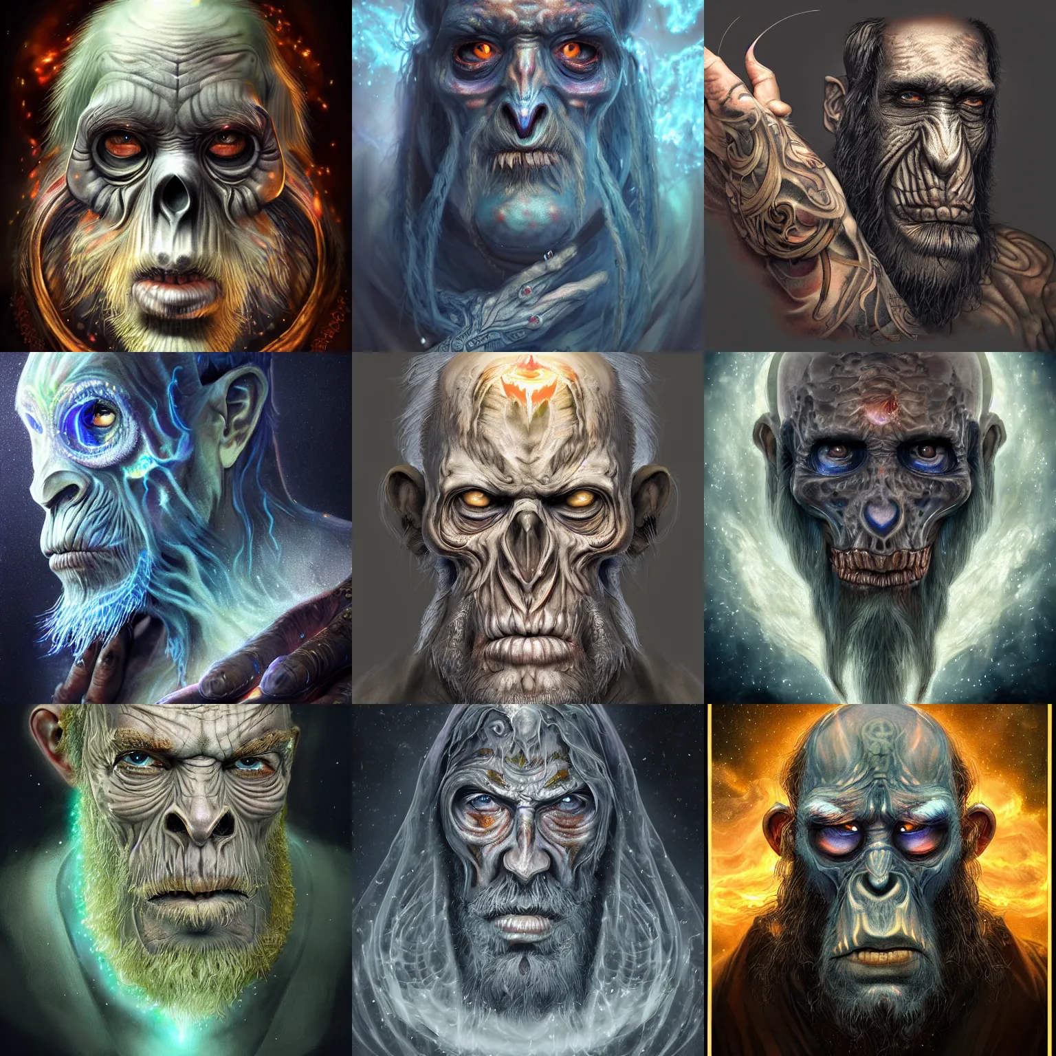 Image similar to a wlop 3 d render of very very very very highly detailed beautiful mystic portrait of a phantom undead mage ape with whirling galaxy around, tattoos by anton pieck, intricate, extremely detailed, digital painting, artstation, concept art, smooth, sharp focus, illustration, intimidating lighting, incredible art,