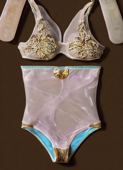 Prompt: bikini made of glowing translucent ornate by VeraWang