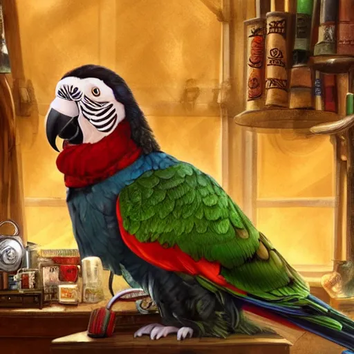 Image similar to Anthropomorphized parrot trader in his shop, portrait, items, weapons, magic potions, trinkets, carpet, lamps, window, fancy hat, sly expression, cunning expression, cute expression, long thick shiny black beak, D&D, fantasy, cinematic lighting, highly detailed, digital painting, artstation, concept art, smooth, sharp focus, illustration, warm light, cozy warm tint, magic the gathering artwork, volumetric lighting, 8k, art by Akihiko Yoshida, Greg Rutkowski