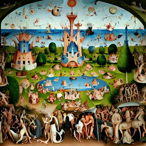 Image similar to a photorealistic version by martin parr of a bosch garden of earthly delights