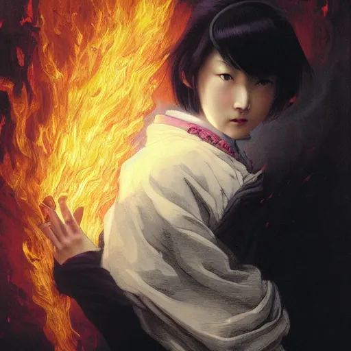 Prompt: Portrait of a Japanese schoolgirl with short hair and lilac eyes causing flames in a moment of rage, hyperdetailed, artstation trending, world renowned artists, worth1000.com, historic artworks society, antique renewel, cgsociety, by greg rutkowski, by Gustave Dore, Deviantart