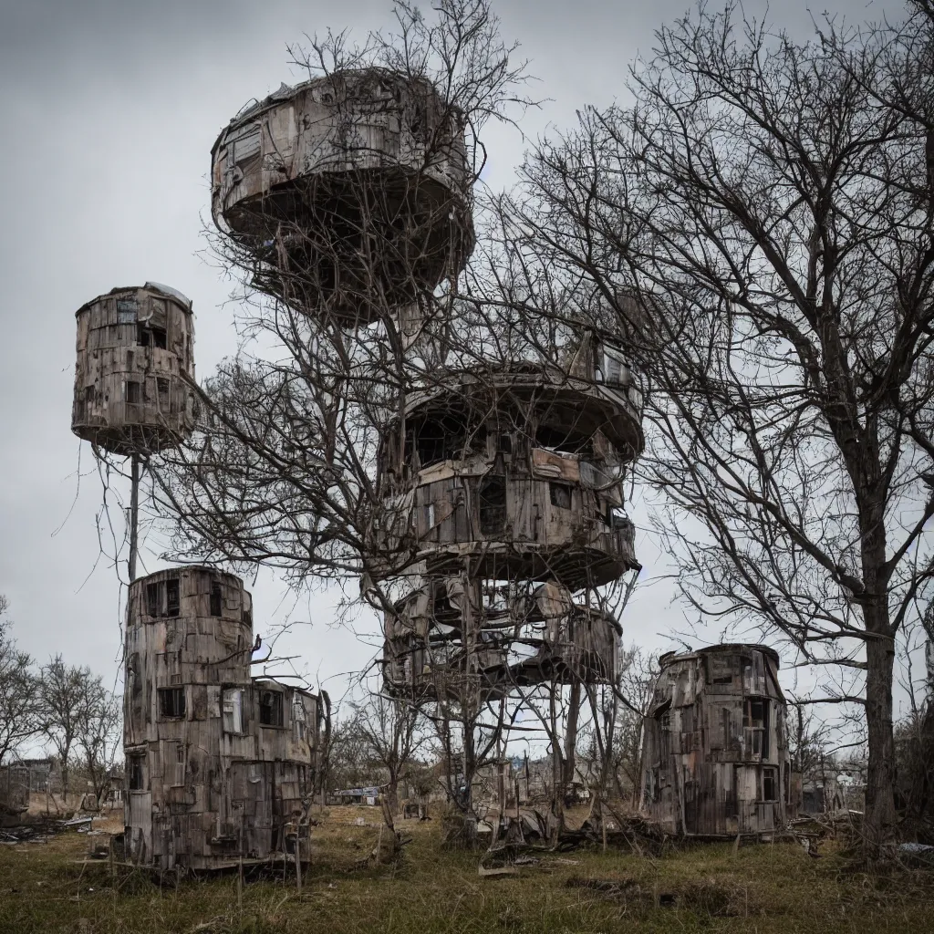 Image similar to a circular tower, made up of makeshift squatter shacks, dystopia, sony a 7 r 3, f 1 1, fully frontal view, photographed by jeanette hagglund