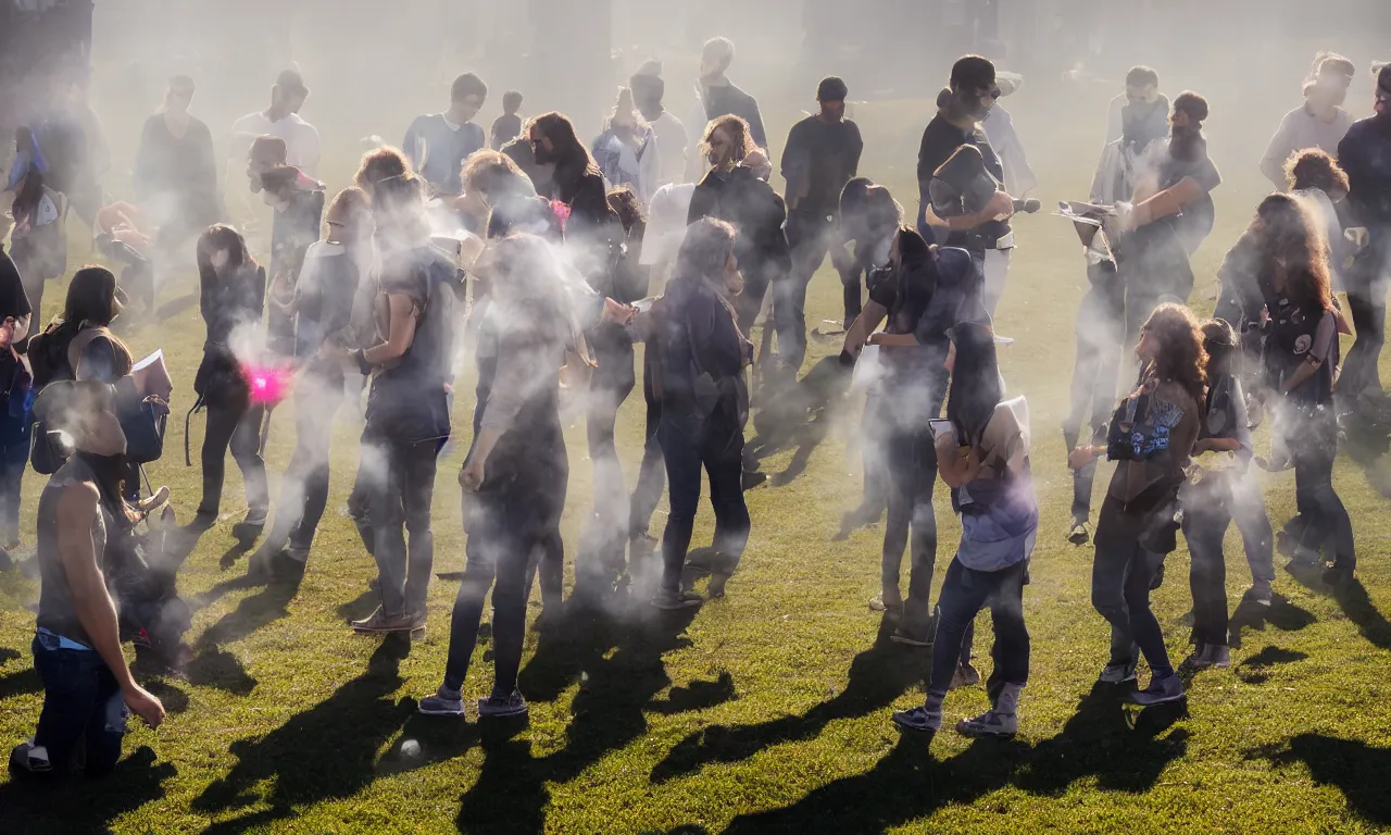 Prompt: 8K 140mm f/2.3 wide photograph of diverse friends conversing at Dolores Park assembling floating AR diagrams of pages of text, wearing fancy AR clothing with physics particle effects, people wearing non humanoid avatar costumes in the virtual world, dappled in golden hour light, emerging from the fog