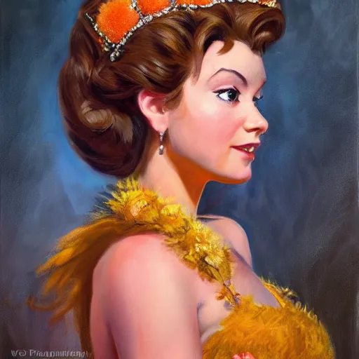 Prompt: An ultra realistic portrait painting of Princess Daisy wearing his orange dress and golden tiara in the style of Frank Frazetta, 4k, Ultrarealistic, Highly Detailed, Dark Fantasy, Epic Lighting