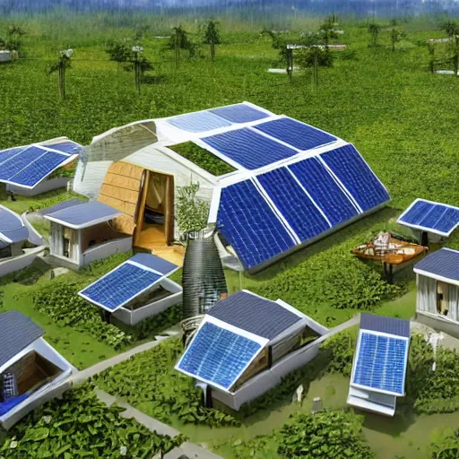 Prompt: eco village, solarpunk embodies an optimism towards the future that our society needs with solarroofs, solarpunk style