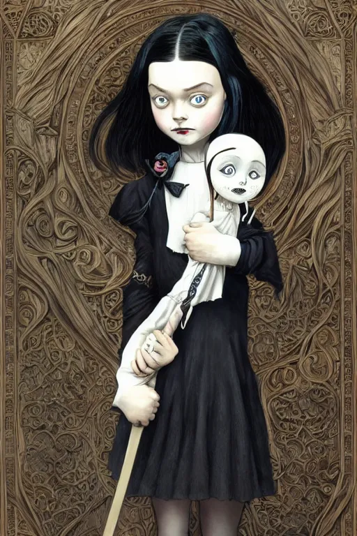 Prompt: beautiful cottagecore Wednesday Addams holding a Coraline doll, Black Hair, Goth, gothic, castlevania, intricate, elegant, highly detailed, digital painting, artstation, concept art, smooth, sharp, focus, illustration, art by artgerm and greg rutkowski and alphonse mucha