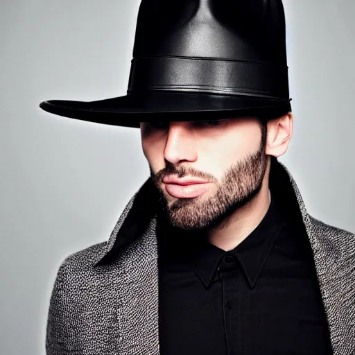 Image similar to a male model wearing a black leather hat, frontal view, cool looking