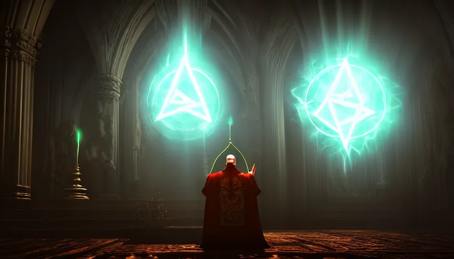 Image similar to an evil priest performs demonic ritual with magic and a glowing sigil in a fantastic temple, volumetric lighting, magical lighting, raytracing, dynamic lights and shadows, photorealistic render, digital art, wallpaper