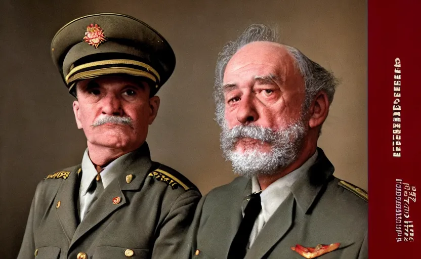 Prompt: 50s movie still close-up portrait of Ron Perlamn in a generals suit with General's cap in a empty stalinist hall with a bust of Marx, by David Bailey, Cinestill 800t 50mm eastmancolor, heavy grainy picture, very detailed, high quality, 4k, HD criterion, precise texture and facial expression