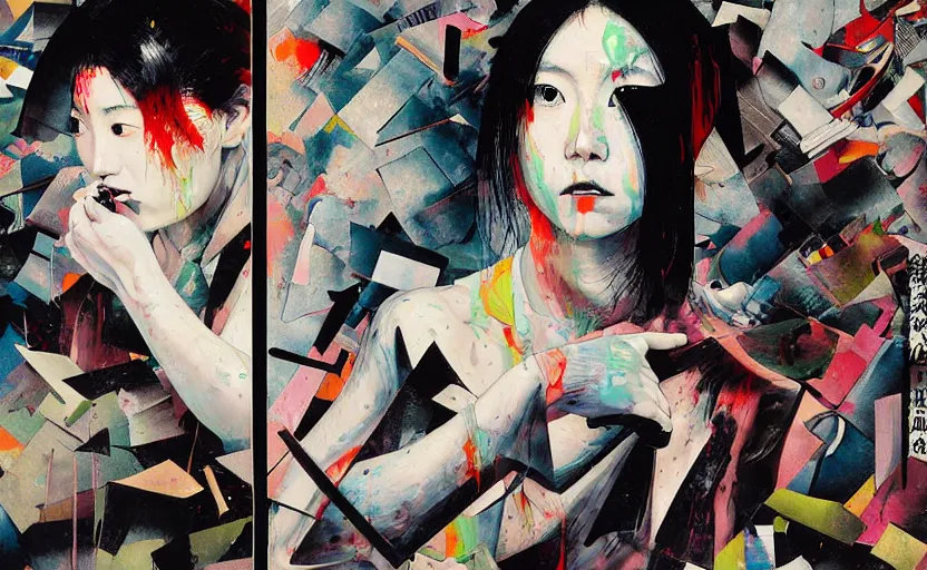 Image similar to decollage painting young japanese actress struggling in a ruined city by adrian ghenie and takato yamamoto and edward hopper and mark ryden and tsutomu nihei, part by bridget riley, acrylic pour and splashing paint, very coherent, baroque elements, perfect anatomy, intricate design. pop art.