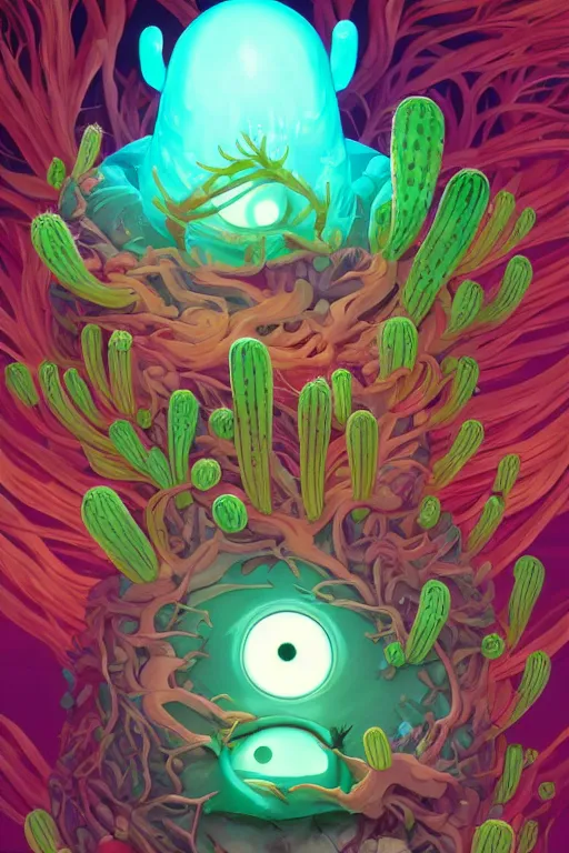 Image similar to roots cactus sushi cristal smurf ghost creature animal sushi cristal very big eye roots cactus elemental flush of force nature micro world fluo fishscale, behance hd by jesper ejsing, by rhads, makoto shinkai and lois van baarle, ilya kuvshinov, rossdraws radiating a glowing aura global illumination ray tracing hdr