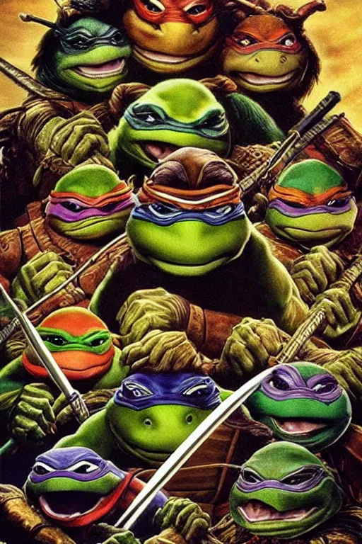 Image similar to portrait of jim henson ninja turtles movie across the ages , frazetta themed, insanely detailed and intricate, golden ratio, elegant,cinematic
