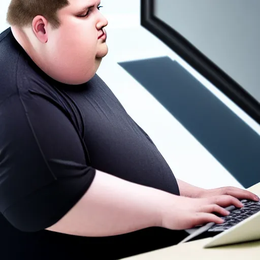 Prompt: obese man typing on a computer , photograph , realistic , HD , 4k