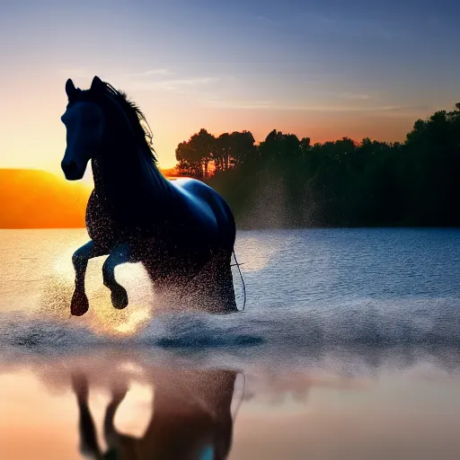 Image similar to a horse running on a lake, with sunset, photorealistic, cinematic, well detailed, HDR, 8k