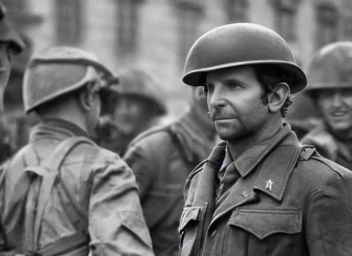 Prompt: bradley cooper as a us ww 2 soldier during the liberation of france, highly detailed, cinematic lighting, photorealistic