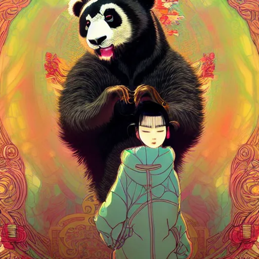 Image similar to a beautiful hyperdetailed character design 4 k wallpaper illustration of a cute panda with a chinese lion dance head victo ngai cyberpunk style, from china, style of studio ghibli, makoto shinkai, raphael lacoste, louis comfort tiffany, artgerm, james jean, ross tran, chinese style