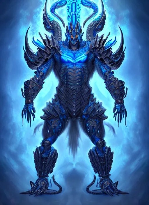 Image similar to muscular and tall blue ghostly fire humanoid dragon!!!! draconian!! intricate ornate iridescent heavy armor!! character concept art, sharp focus, octane render! unreal engine 5! highly rendered!! trending on artstation!! detailed linework!! illustration by artgerm, wlop, and chie yoshii