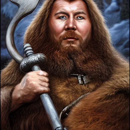 Image similar to tenebrous portraiture of a hamster-man viking jarl, by Ted Nasmith and by Joe Jusko, 4K, trending on ArtStation