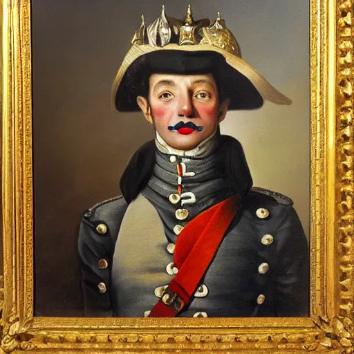 Image similar to a hyper realistic painting of an austrian soldier from 1 8 0 6 wearing a clown hat, ultra detail, realistic.