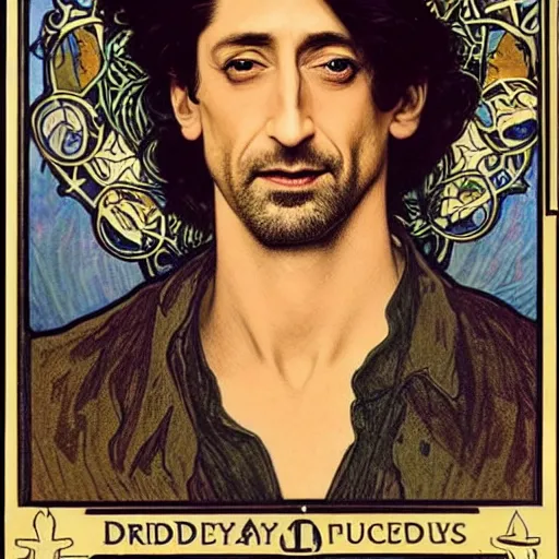 Image similar to adrien brody portrait by louis - theophile hingre and alphonse mucha, realistic, sharp focus, zodiac signs, tarot cards, planets, ethereal, art nouveau, magic, moon, sun, crown, dreamy, royal, jewellery