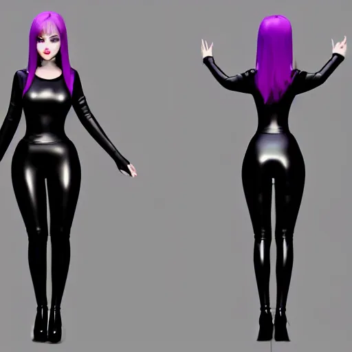 Image similar to curvy feminine hot goth cutie in a sublime elegant polished black latex neck-high outfit with purple trim, thin waist, cgsociety, photorealistic, comfy ambience, idealistic, 16k, smooth, sharp focus, trending on ArtStation, volumetric lighting, fully clothed, worksafe