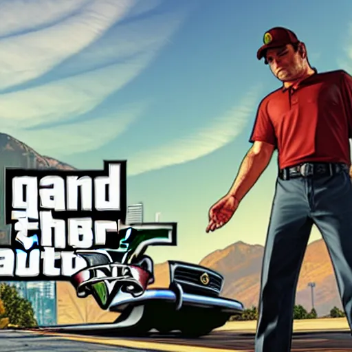 Image similar to a screenshot of GTA V with mario driving a car