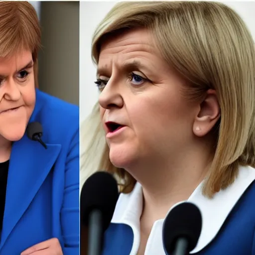 Prompt: First Minister Nicola Sturgeon vs British conservative Mp Liz Truss in street fighter