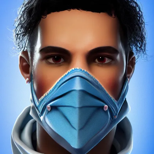 Image similar to a highly detailed, portrait of a man with black hair with a black medical mask, in a hood in the form of a blue shark with white teeth, artstation, DeviantArt, epic, professional, octane render, digital art