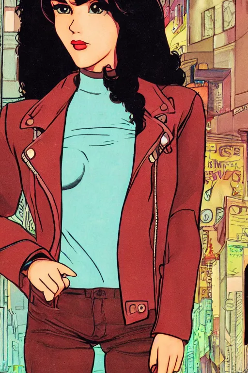 Image similar to portrait of an attractive young female protagonist, center focus, wearing leather jacket, in city street, detailed face, artwork by ralph bakshi