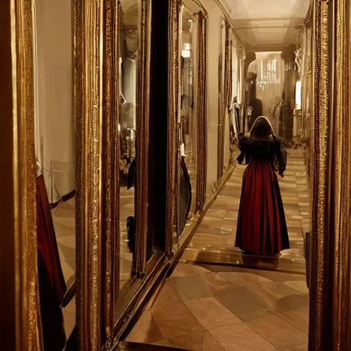 Prompt: a beautiful victorian woman is frightened by her doppleganger in a mirror. she is in a long hallway of mirrors. victorian interior, with many mirrors, elegant design, haunting atmosphere, dimly lit, gothic, horror style, by greg rutkowski, realistic, low angle, 3 / 4 view.
