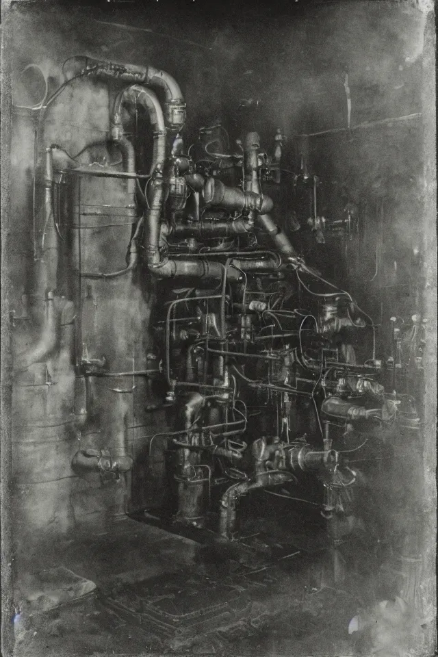 Prompt: wet plate photograph portrait of nervous monster in victorian era boiler room, coal inferno