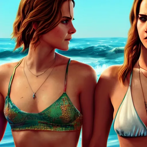 Prompt: highly detailed painting of emma watson and jennifer lawrence wearing a bikini standing close together, gta 5 cover art style, 8 k, radiant light, detailed and intricate environment, trending on artstation