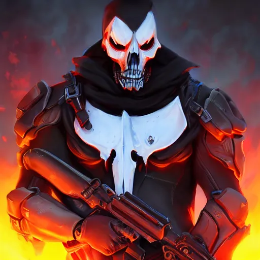 Prompt: portrait painting of reaper overwatch, photorealistic, extreme detail, sharp focus, 8 k, intricate, hyper detailed, realistic, cinematic lighting