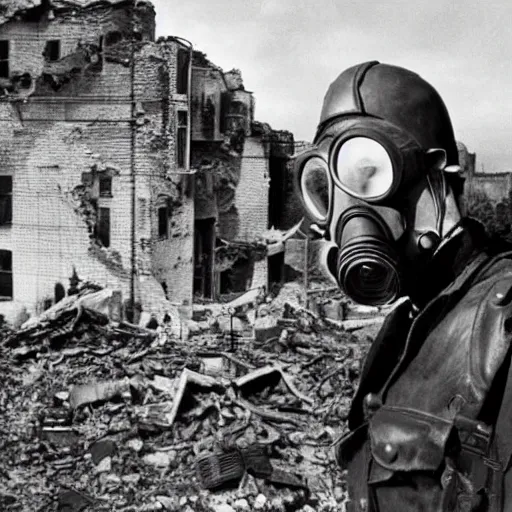 Image similar to apocalyptic disney characters wearing gas masks, war zone destroyed roman buildings in the background landscape , 1940s film photography