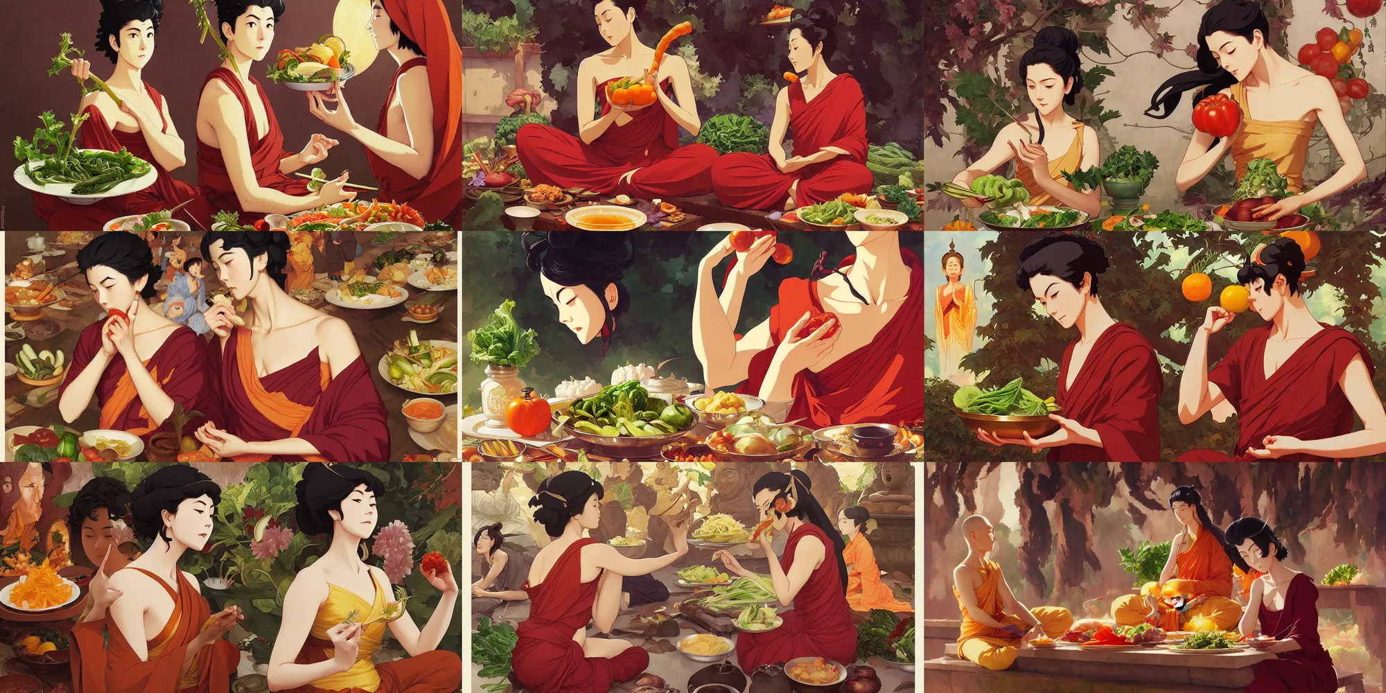 Prompt: buddhism, eating vegetable, in the style of studio ghibli, j. c. leyendecker, greg rutkowski, artgerm