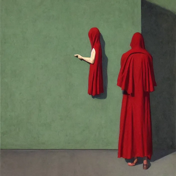 Image similar to woman in black robed, back to us, arms to the sides, dressed in red paper bags, holding stack of green paper bags, highly detailed, artstation, art by edward hopper, zdislav beksinski, wayne barlowe, edward hopper